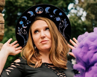 Wide Brim Hat, Moon Phase Hat, Glow in the dark Halloween moon hat, Black witch hat