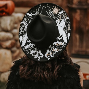 Wide Brim Hat, Black Crow Wide Brim Fedora, Wide Brim Hat with Sun, Moon, and Stars