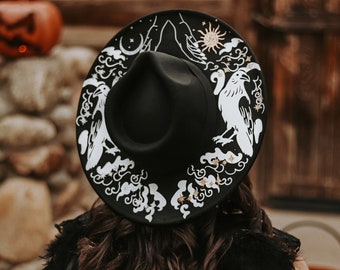 Wide Brim Hat, Black Crow Wide Brim Fedora, Wide Brim Hat with Sun, Moon, and Stars