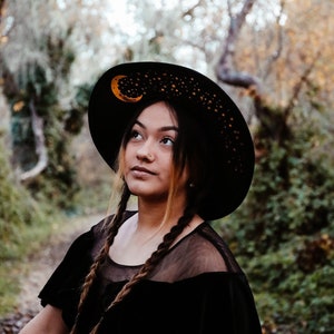 Hut mit breiter Krempe, Goldmond und Sterne Hut, Fedora mit breiter Krempe, Goth Hut