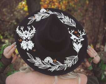 Wide Brim Hat, Wide brim Fedora, Hat with Deer, Witch Hat