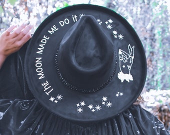 Wide Brim Hat, Moon Hat, Black witch hat, Goth Hat