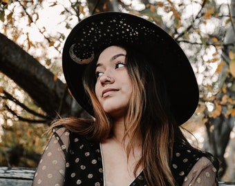 Wide Brim Hat, Silver Moon and Stars Hat, Wide Brim Fedora, Goth Hat