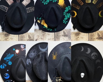 Wide Brim Hat, Moon Hat, Black witch hat, Goth Hat