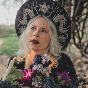 Wide Brim Hat with horns and roses, Wide Brim Fedora, Goth Hat image 3