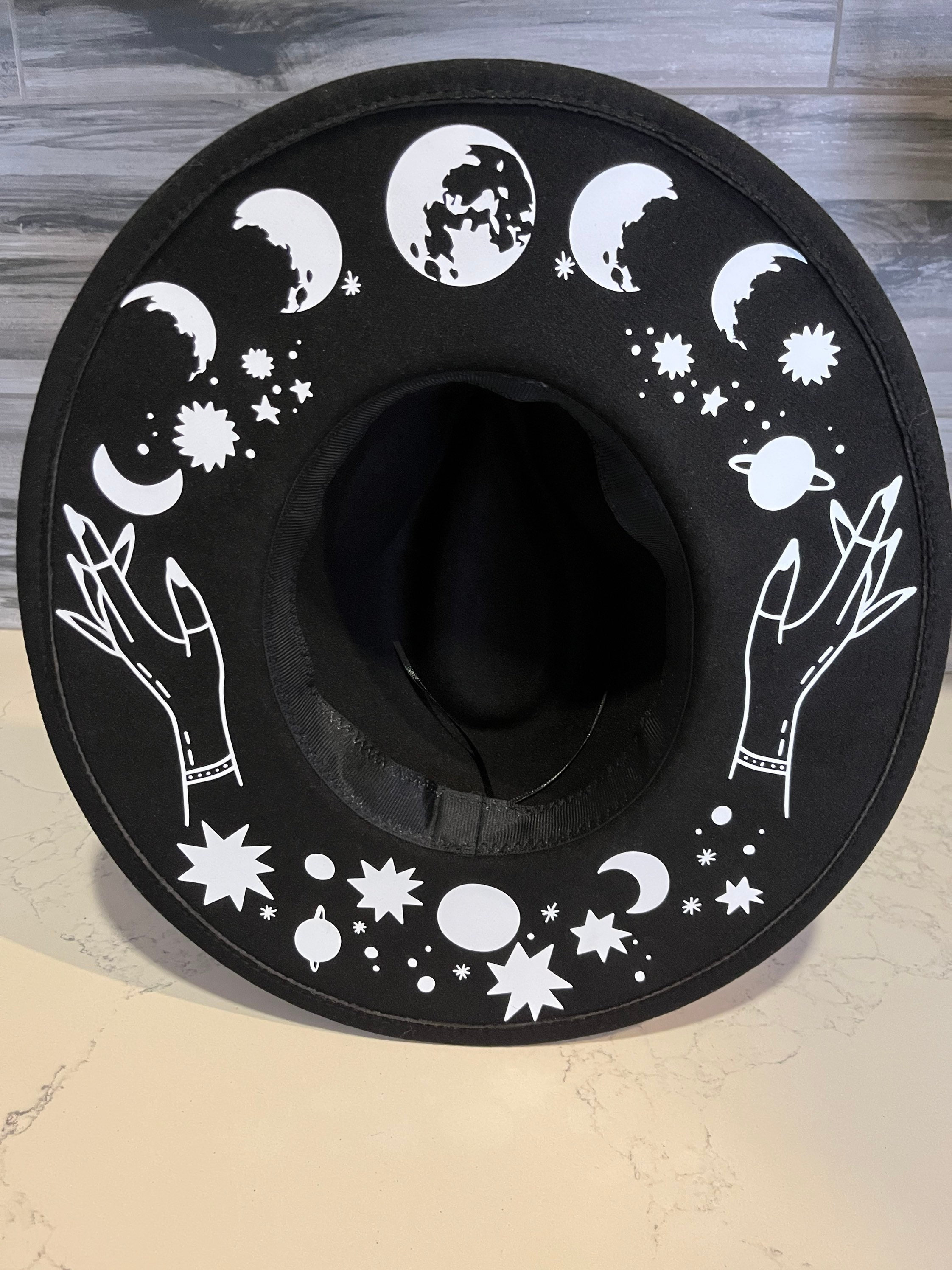 LunaBloom Tan Wide-Brim Moon phase hat with Accent boho witchy vibes Moon Phase Wide Brim Witch Hat - Cosmic Goth Style - Etsy main image 4