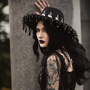Wide Brim Fedora with beads, Hat with melting Candles, Goth Hat, Witch Hat