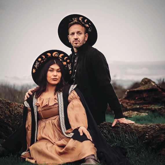 Wide Brim Hat, Moon Phase Hat, Halloween Moon Hat, Black Witch Hat