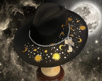 Sun Moon Stars Wide Brim Hat: Metallic Celestial Witch Hat