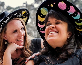 Wide Brim Fedora: Witch Moon Hat with Glitter Stars