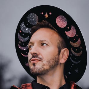Mens Wide Brim Fedora: Glitter Moon & Stars Witch Hat