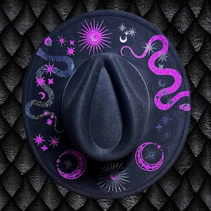 Wide Brim Hat, Black Snake Wide Brim Fedora, Wide Brim Hat with Moons