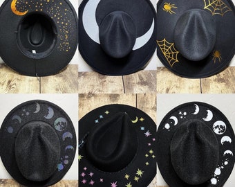 Wide Brim Hat, Moon Hat, Black witch hat, Goth Hat