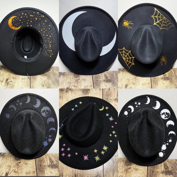 Wide Brim Hat, Moon Hat, Black witch hat, Goth Hat