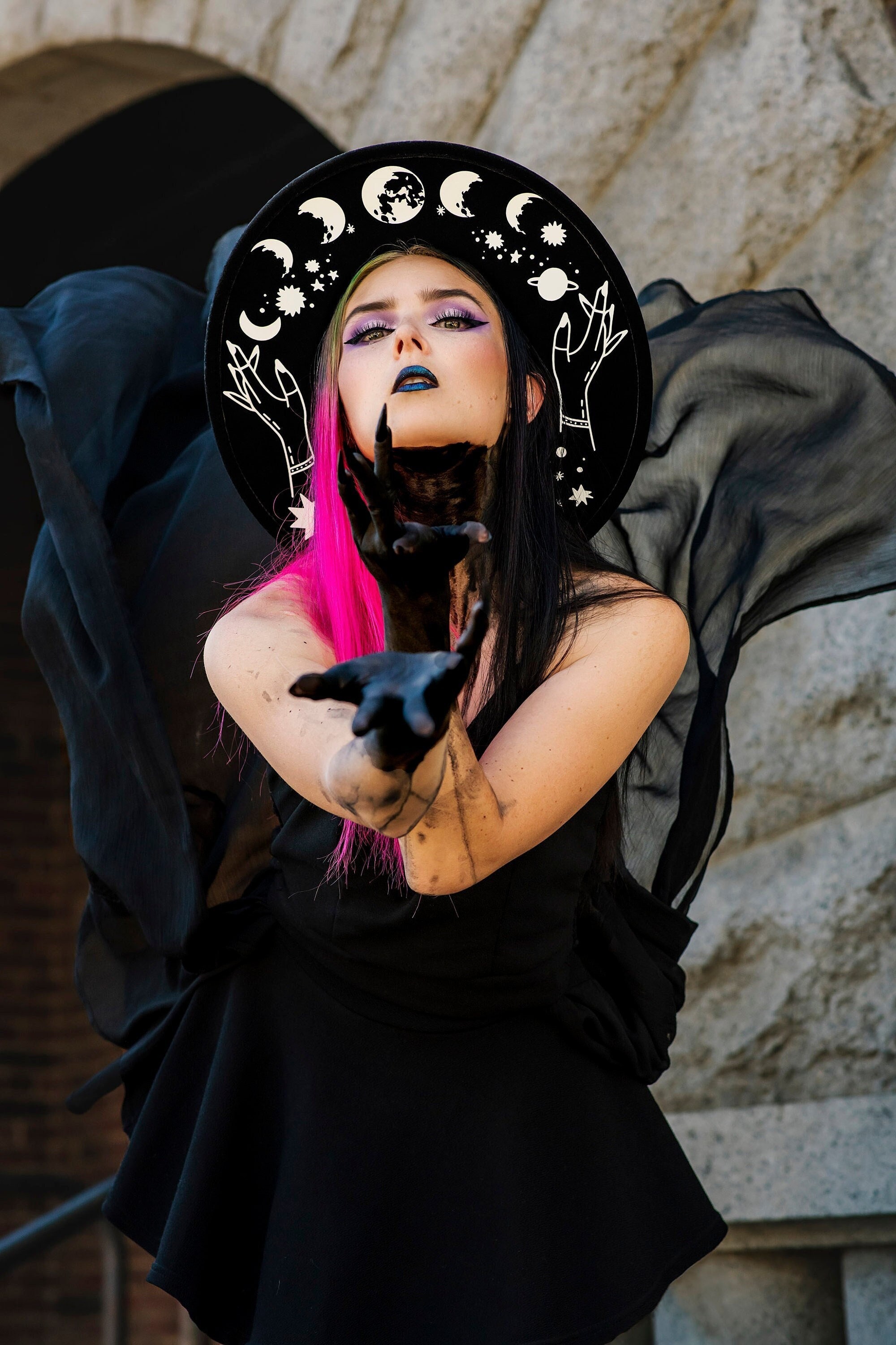 Moon Phase Wide Brim Witch Hat - Cosmic Goth Style - Etsy
