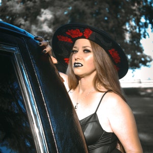Wide Brim Fedora Hat with Glitter Horns and Red Roses
