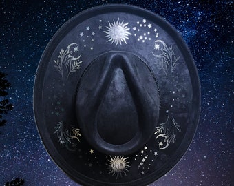 Wide Brim Hat, Silver Moon and Stars Hat, Wide Brim Fedora, Goth Hat