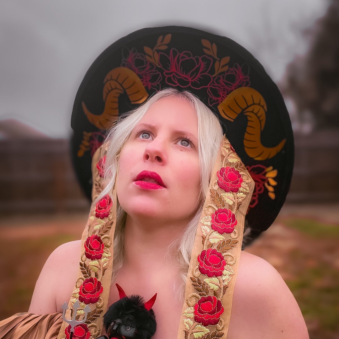 Wide Brim Hat With Horns and Roses, Wide Brim Fedora, Wide Brim Hat