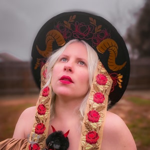 Wide Brim Hat with horns and roses, Wide Brim Fedora, Wide Brim Hat with Embroidered Ribbons