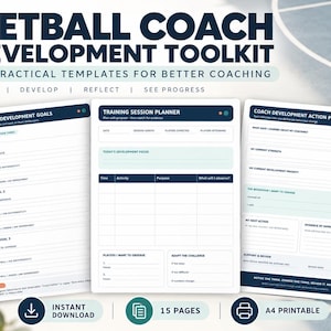 Könnte beinhalten: Netball Coach Development Toolkit mit 15 praktischen Vorlagen für besseres Coaching. Enthält Seiten für Entwicklungsziele, Trainingsplanung und Aktionspläne. Mit dunkelblauem Text und Akzenten auf weißem Papier gestaltet.