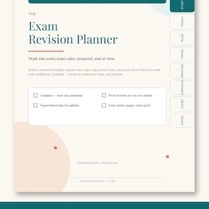Könnte beinhalten: Ein digitales Exam Revision Planner Dokument mit cremefarbenem Hintergrund, blaugrünen Akzenten und orangefarbenen Kreisen. Die Seite enthält den Titel The Exam Revision Planner, eine Liste von Funktionen und eine vertikale Seitenleiste mit Reitern für Start, Exams, Plan, Topics, Practice, Formulas, Count und Notes.
