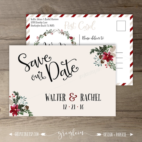 Winter Wedding Save the Date Postcard  • Wreath • 'Tis the Season to be Married • Custom Wedding • DIY printable