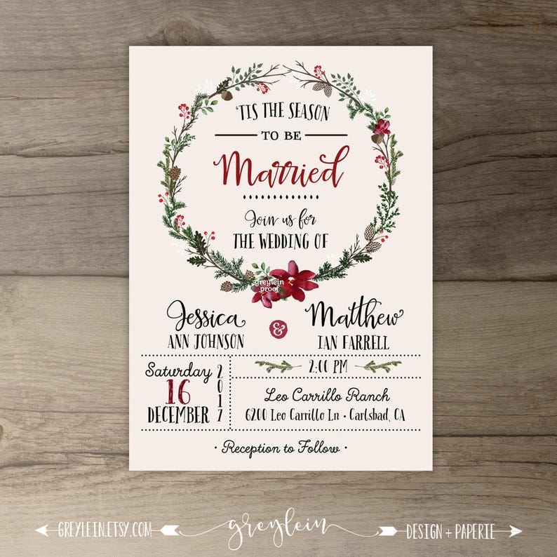 Winter Wedding Invitations Wreath Tis The Season To Etsy