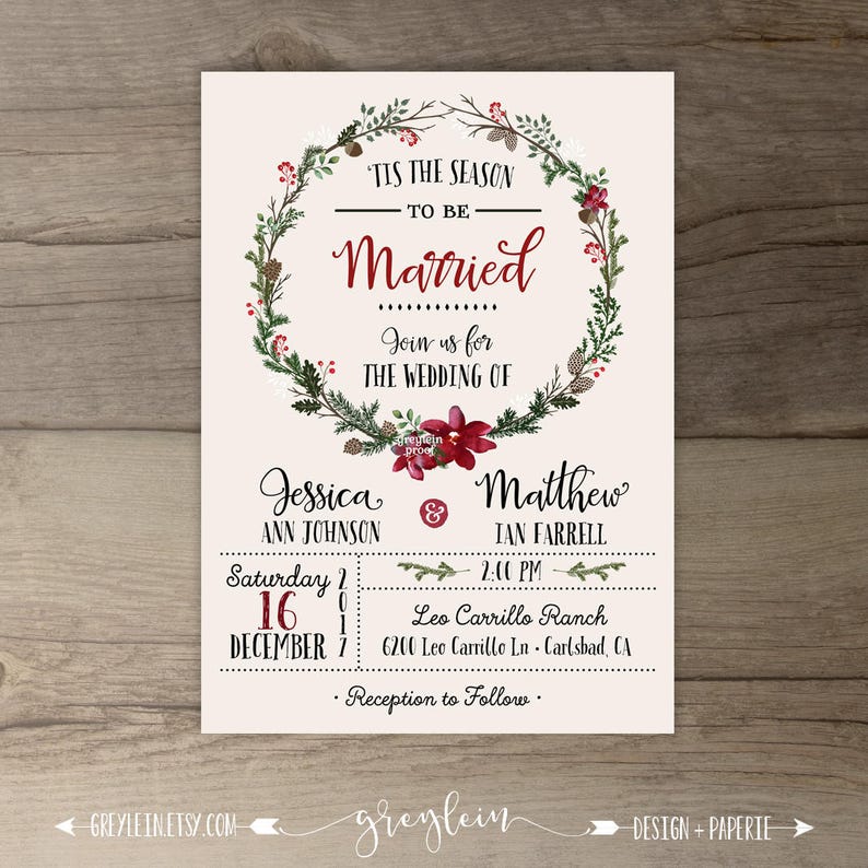 Winter Wedding Invitations Wreath 'Tis the Season to be Married printable image 1