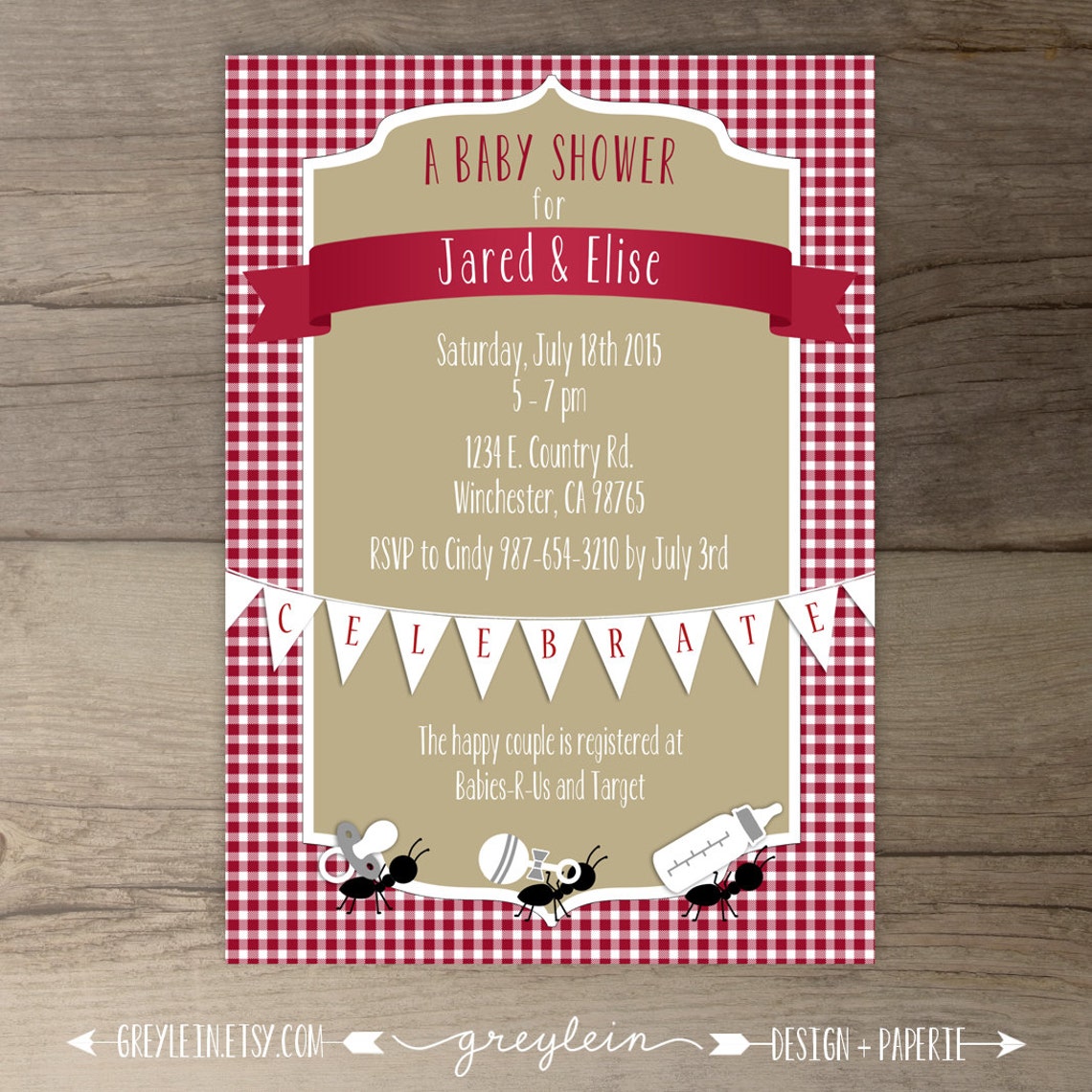 Picnic Baby Shower Invitation Red white khaki gingham ants Etsy