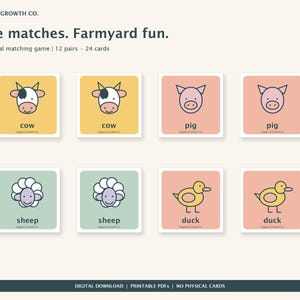 Matchningsspel med bondgårdsdjur, 12 par, utskrivbara minneskort, färg och PDF med låg bläckhalt
