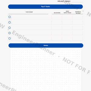 May include: A white daily task planner page with blue headers and text. It includes fields for date, project, sprint, and a top 5 tasks table with columns for task name, blockers, input, and review, followed by a dotted grid section for notes.