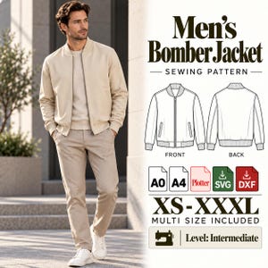 以下が含まれることがあります： Men's Bomber Jacket, Sewing Pattern, XS-XXXL, Multi Size Included, Level: Intermediateというテキストが記載されたボンバージャケットの縫製パターン。前面と背面の線画、およびA0、A4、プロッター、SVG、DXFファイルのアイコンが含まれています。