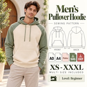 May include: A two-tone pullover hoodie sewing pattern featuring olive green sleeves and a cream-colored body. The graphic includes technical line drawings of the front and back, file format icons for A0, A4, Plotter, SVG, and DXF, and size range XS-XXXL.