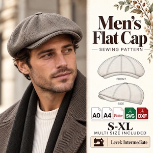 May include: A brown textured flat cap sewing pattern featuring the text Men's Flat Cap Sewing Pattern, S-XL Multi Size Included, and Level: Intermediate. The image displays a front and side line drawing of the cap and file icons for A0, A4, Plotter, SVG, and DXF.