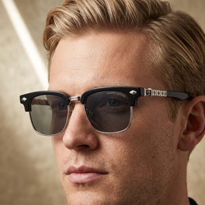 May include: Browline sunglasses featuring black upper rims and silver-tone lower rims. The temples are adorned with silver-tone metal accents featuring a repeating cross motif. The lenses are tinted grey, with the Chrome Hearts logo visible on the lens.