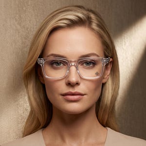 May include: Clear transparent rectangular eyeglasses with a thick frame and a small metallic cross emblem on the right lens. The glasses feature a sturdy bridge and wide temples, providing a clean and structured look for the wearer's face.