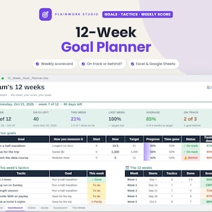 May include: A 12-Week Goal Planner digital dashboard by Plainwork Studio featuring a weekly scorecard, progress tracking for goals like running a half marathon, and sections for tactics, weekly scores, and a dashboard view for Excel and Google Sheets.