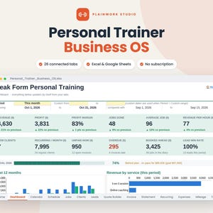 May include: A digital business management dashboard titled Personal Trainer Business OS, displaying financial metrics like revenue, profit, and client data in a spreadsheet format with charts, tabs, and labels for tracking professional fitness business performance.