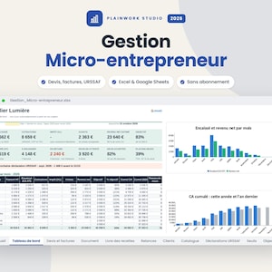 May include: A digital dashboard titled Gestion Micro-entrepreneur for 2026 by Plainwork Studio. The interface displays financial data, including revenue, expenses, and tax calculations in Euros, alongside bar charts for monthly income and cumulative annual revenue.