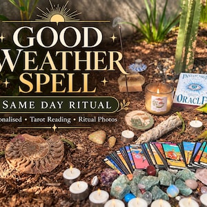 Peut inclure: Un ensemble d'objets rituels comprenant un jeu Instant Magic Oracle, une bougie allumée, un bâton d'encens, un grand fossile d'ammonite, des cristaux verts et des bougies chauffe-plat. Le texte indique : GOOD WEATHER SPELL SAME DAY RITUAL.
