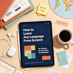 May include: A tablet displaying the text How to Learn Any Language From Scratch, surrounded by notebooks, a world map, white wireless earbuds, a coffee mug, and small cards with the text 20 min daily and 300 core words on a light surface.