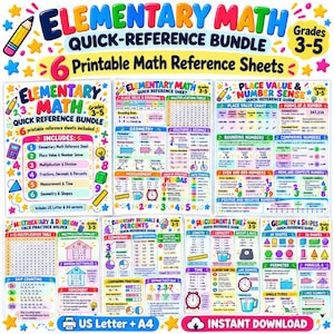May include: An elementary math quick-reference bundle featuring six printable sheets for grades 3-5. The colorful educational charts cover place value, multiplication, division, fractions, decimals, percentages, measurement, time, and geometry.