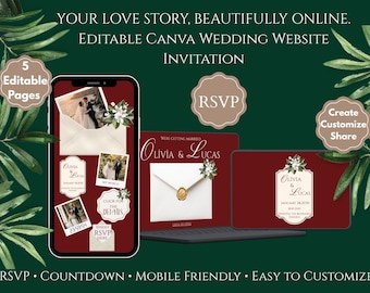 May include: A digital wedding website template featuring a deep red background with white text that reads YOUR LOVE STORY, BEAUTIFULLY ONLINE. EDITABLE CANVA WEDDING WEBSITE INVITATION. The display shows mobile and desktop layouts with photos.