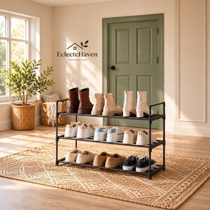 Black Metal Shoe Rack, 3 Tier Shoe Organizer for 15 Pairs, Stackable Shoe Shelf, Narrow Entryway Shoe Storage, Closet Organizer