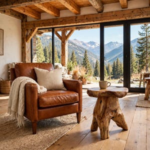 May include: A brown leather armchair with a cream-colored throw blanket and a beige square pillow, positioned next to a small, round, natural wood stump side table with a ceramic mug on top, set on a woven rug.
