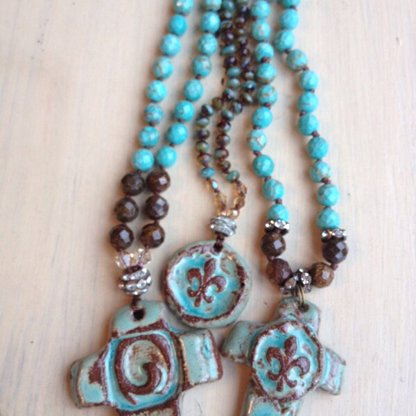 Rustic pottery Fleurs de Lis hand knotted bohemian handmade boho chic brown neutral long necklace by MarleeLovesRoxy