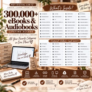 Puede incluir: Un anuncio de biblioteca digital con más de 300,000 libros electrónicos y audiolibros con acceso de por vida. El gráfico muestra listas de carpetas de categorías y autores, una computadora portátil, una taza y un cuaderno en un escritorio.
