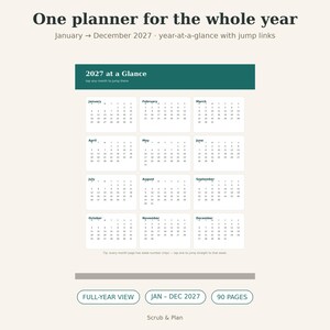 May include: A digital planner page titled One planner for the whole year, featuring a 2027 at a Glance calendar with twelve monthly grids from January to December. Includes buttons for Full-year view, Jan-Dec 2027, 90 pages, and the text Scrub & Plan.