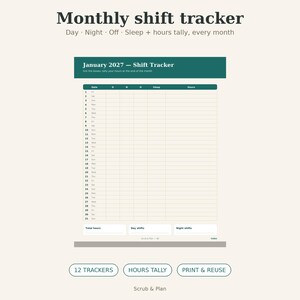 May include: A monthly shift tracker printable planner page with a dark green header and cream background. The text reads Monthly shift tracker, Day Night Off Sleep + hours tally, January 2027, and Scrub & Plan. Includes columns for dates, shifts, and hours.