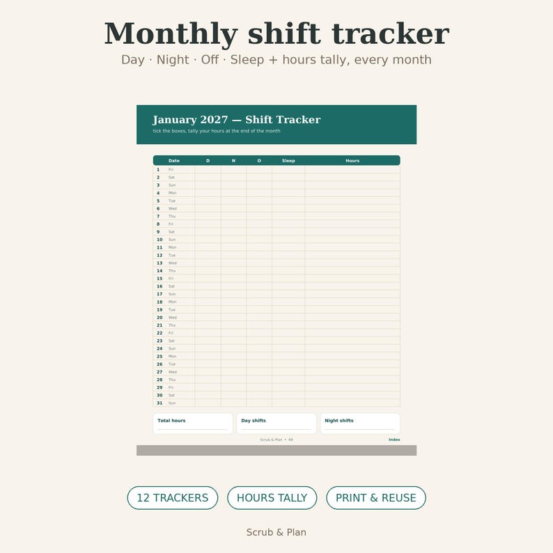 May include: A monthly shift tracker printable planner page with a dark green header and cream background. The text reads Monthly shift tracker, Day Night Off Sleep + hours tally, January 2027, and Scrub & Plan. Includes columns for dates, shifts, and hours.